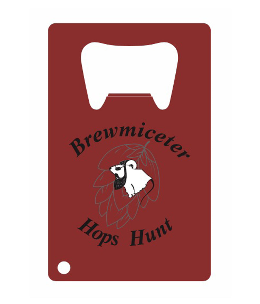 Brewmiceter logo in black, grey and white on a bright red ultra thin bottle opener will slip into one of your billfold/wallet’s credit card  slots 
