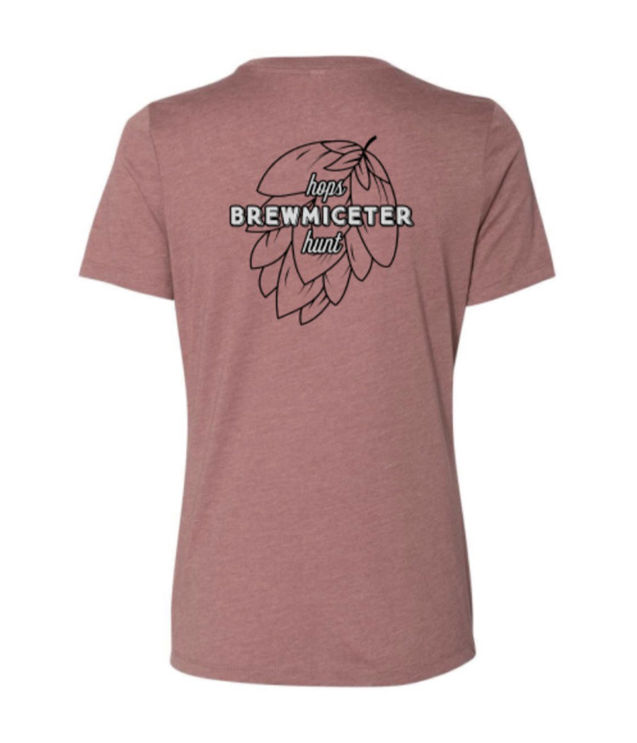 Back of heather mauve ladies tee with black and white Brewmiceter Hops Hunt logo
