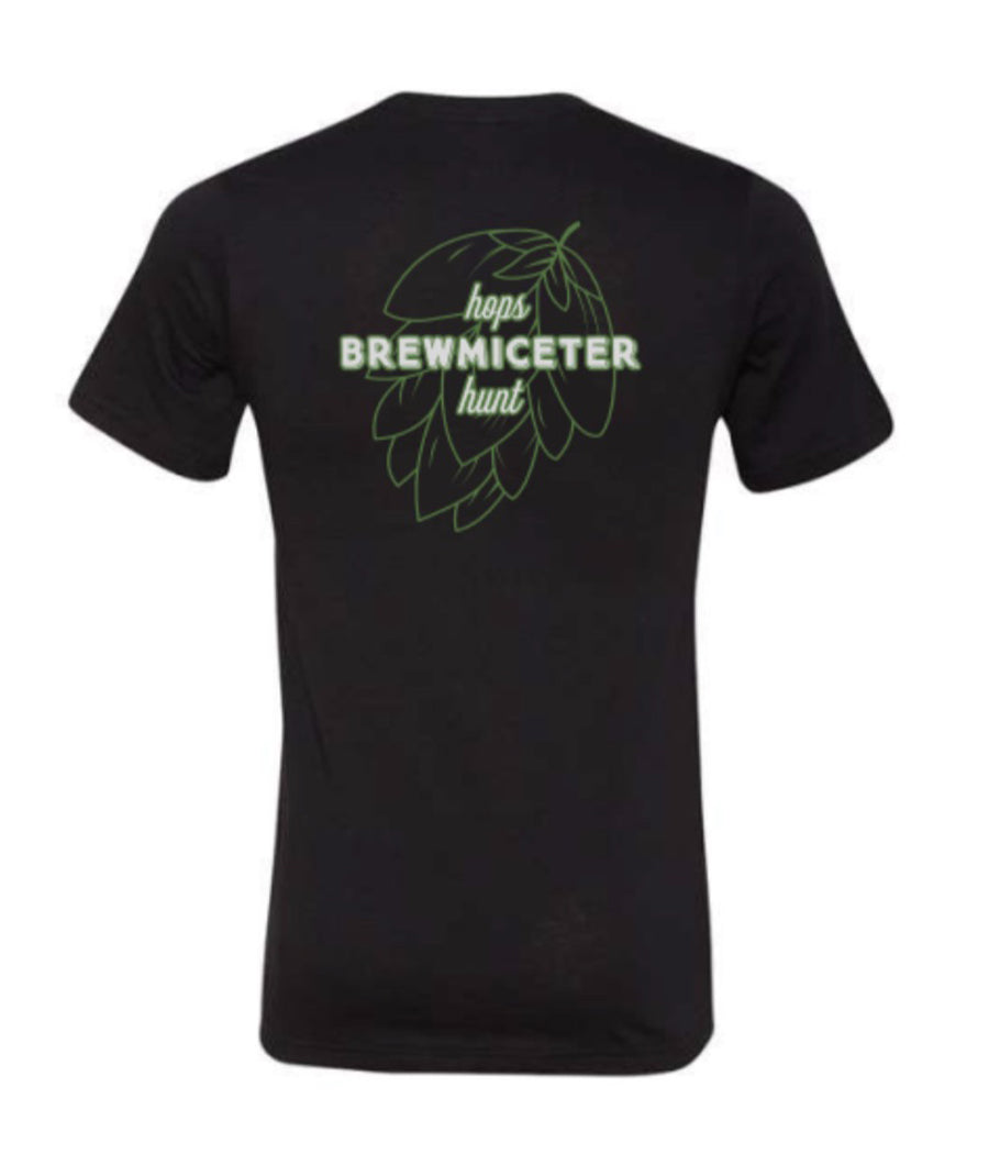 Back of black mens tee with green and white Brewmiceter Hops Hunt logo