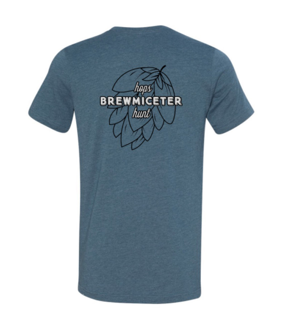 Back of deep heather teal mens tee with black and white Brewmiceter Hops Hunt logo